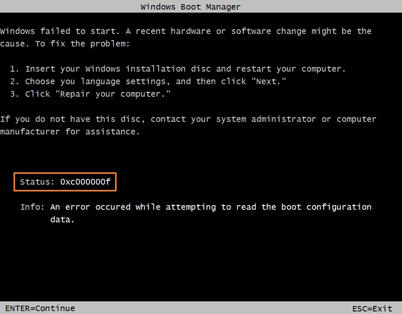 Windows 7 Bootmgr Error: Error Code 0xc000000f