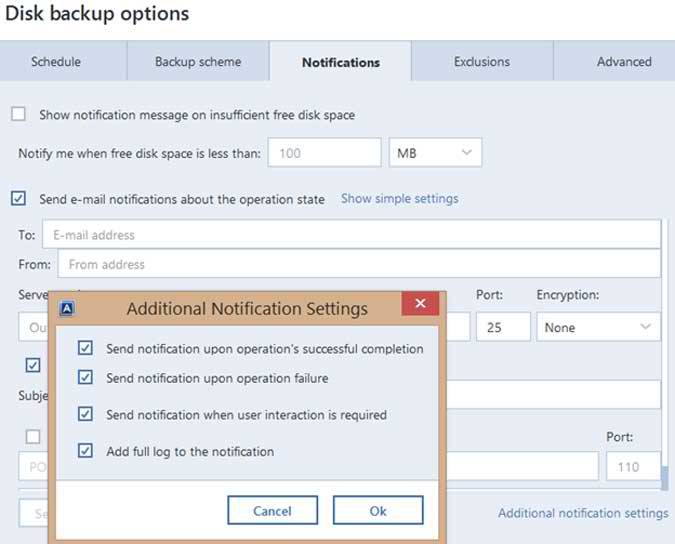 Disk Backup Options Screen