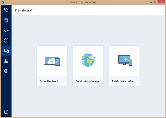 The Online Dashboard, Social Network Backup and Mobile Device Backup access buttons