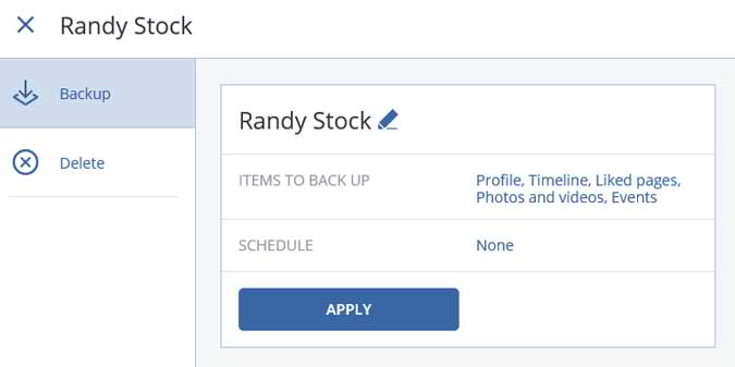 Confirmation screen to backup Facebook account