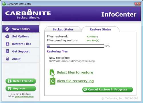 The Carbonite Restore is in Progress
