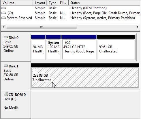 The Windows 7 Drive Manager shows the two Drives Installed