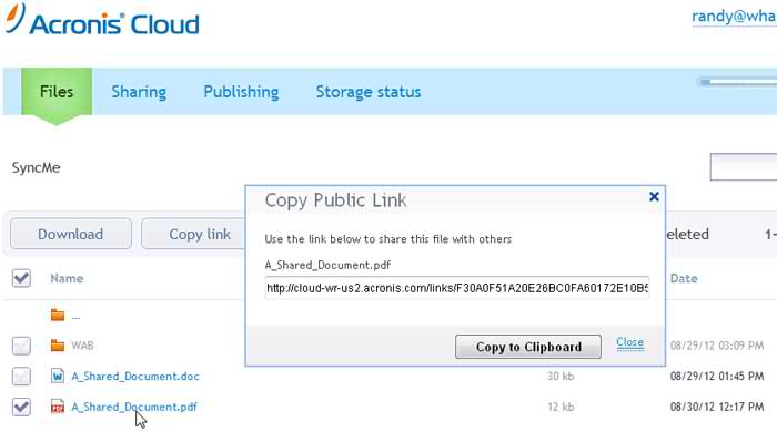 Share file from the Acronis Cloud
