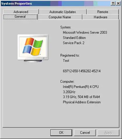 The Windows 2003 Server used for this tutorial