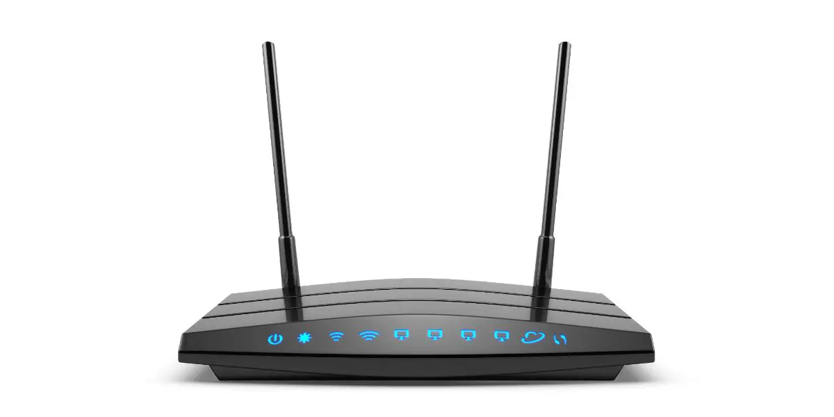 AdobeStock_116183003 Wireless wi-fi black router with two antennas and blue indicator