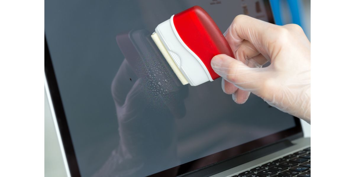 AdobeStock_122234993 Person cleaning computer screen with brush and spray