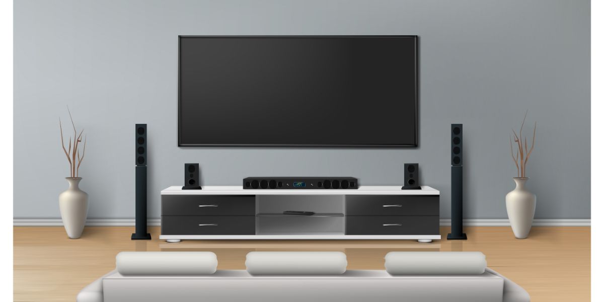 AdobeStock_214570941 Vector realistic mockup of living room with big plasma tv on flat gray wall, black stand with modern home theater system