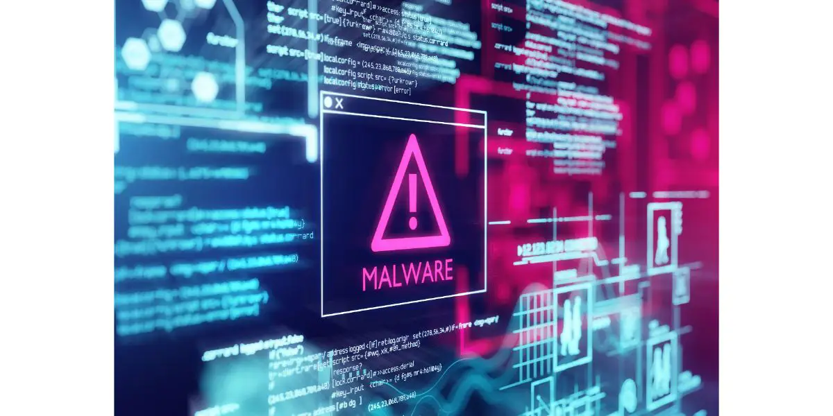 AdobeStock_263959018 A computer screen with program code warning of a detected malware script program. 3d illustration