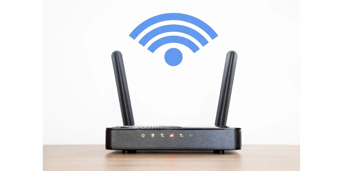 AdobeStock_271463968 2 antenna wifi router on wood table with blue wifi symbol above it on white background
