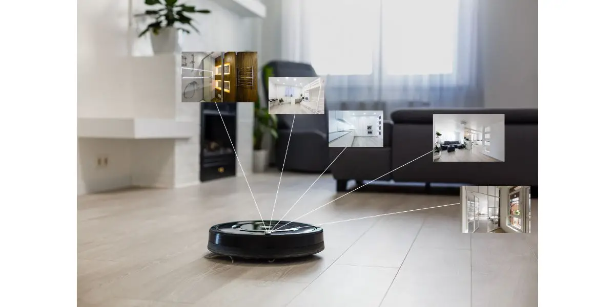 AdobeStock_306385314 Robotic vacuum cleaner on laminate wood floor in living room with projections of cleaning routes saved