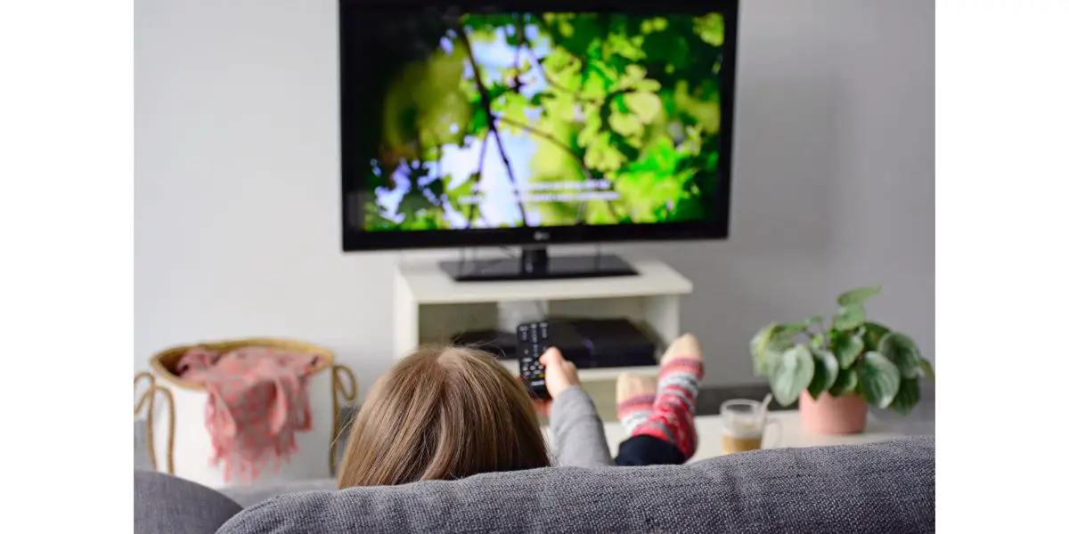 AdobeStock_313878452 Young woman watching television with subtitles while sitting comfortably on sofa at home in living room. Nature, green, documentary, tv screen