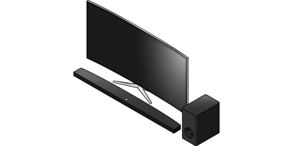 AdobeStock_365294982 A large curved flatscreen television with a soundbar and subwoofer. white background