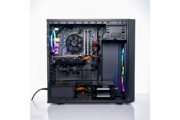 AdobeStock_384763190 Studio shot of black Gaming desktop pc with rgb lights and visible components. Isolated on white background.