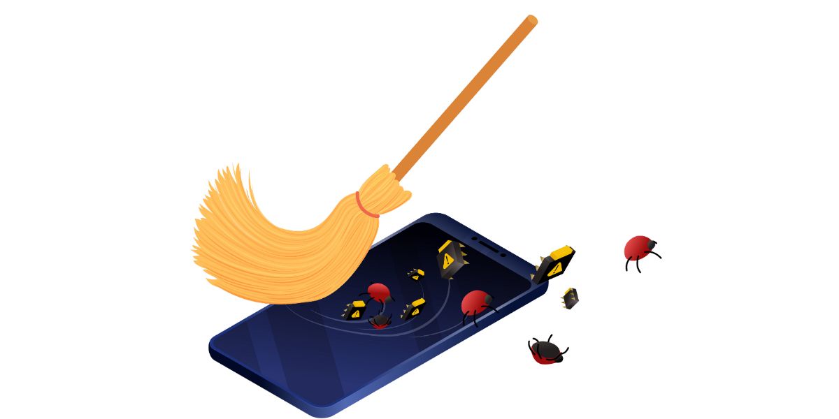 AdobeStock_389926152 Smartphone service and debugging concept. Broom cleaning mobile phone from bugs and viruses. Isometric vector illustration data protection, information security