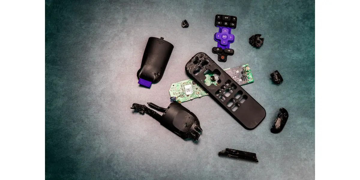 AdobeStock_435268952 damaged roku remote showing components on greyish green background