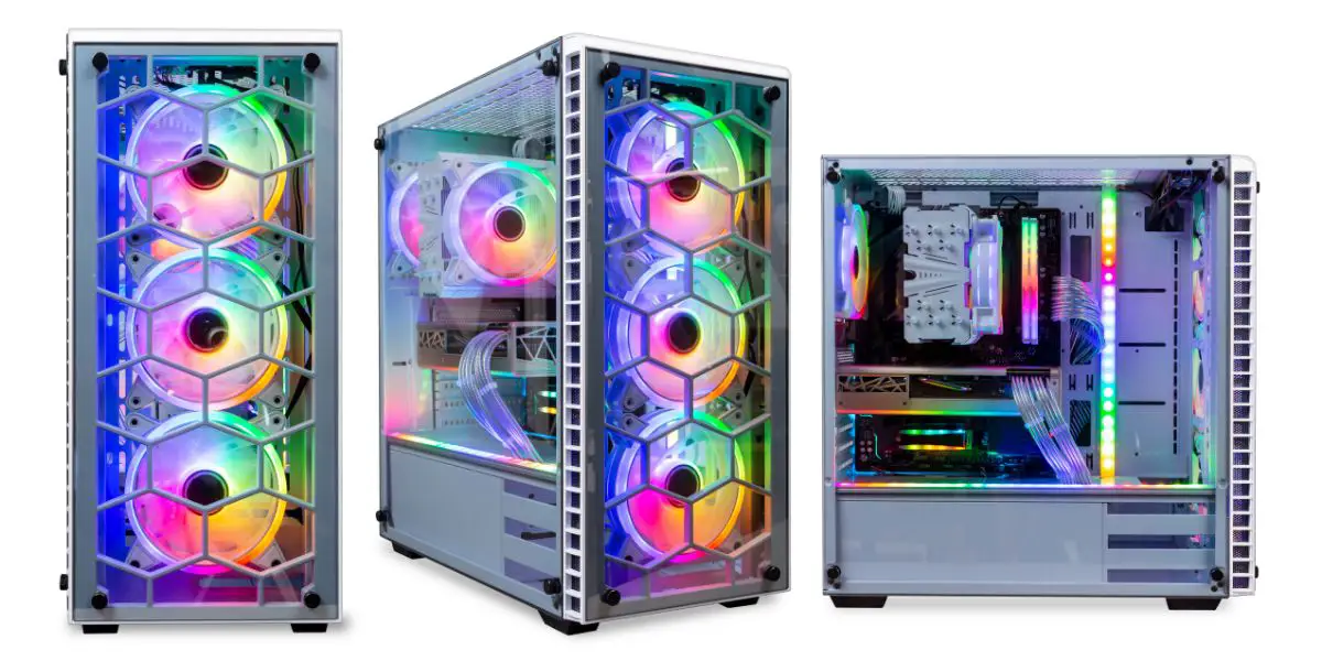 AdobeStock_459296860 set collection of colorful custom gaming pc computer with dark tinted glass windows and rgb rainbow led lighting isolated white background