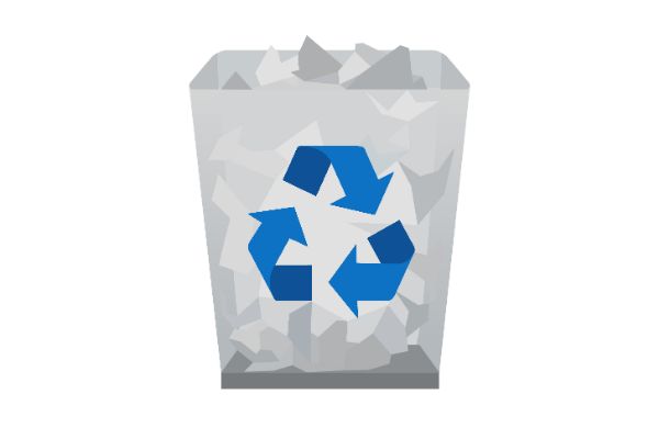 AdobeStock_468585048 Trash folder. Full recycle bin. Desktop icons. My computer PC shortcut signs.