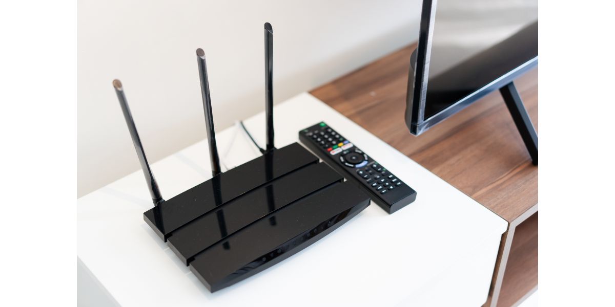 AdobeStock_511088974 Wife router with three antenna and TV remote control place on the white cabinet next to tv