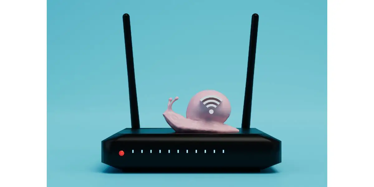 AdobeStock_521077764 slow wifi internet. weak modem for signal distribution. a black router on which a pink snail sits with a Wi-Fi icon on a blue background.