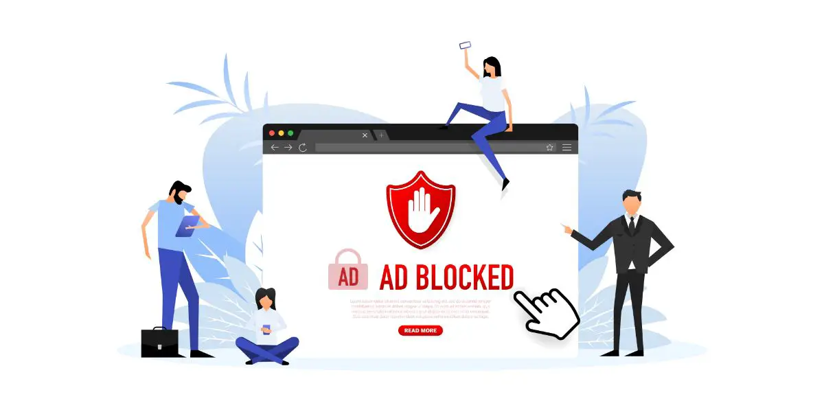 AdobeStock_547478456 Ad blocked interface and cartoon people around the browser concept