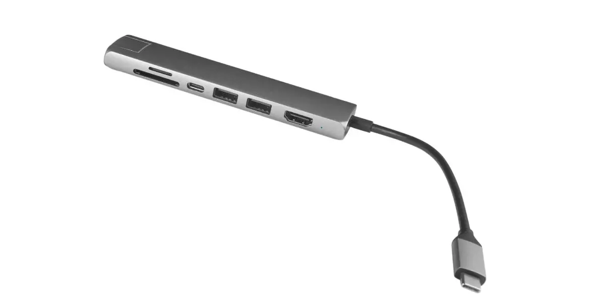AdobeStock_549187279 USB Type C adapter hub with hdmi, ethernet, HDMI, USB, SD microSD cables