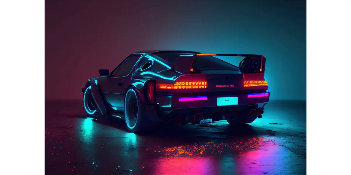 AdobeStock_552157915 Cyberpunk Futuristic retro wave synth wave car, Retro sports car with neon backlight contours, generative ai