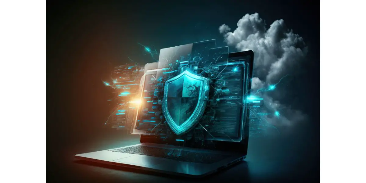 AdobeStock_552957778 Laptop protected with shield.Cyber security antivirus concept