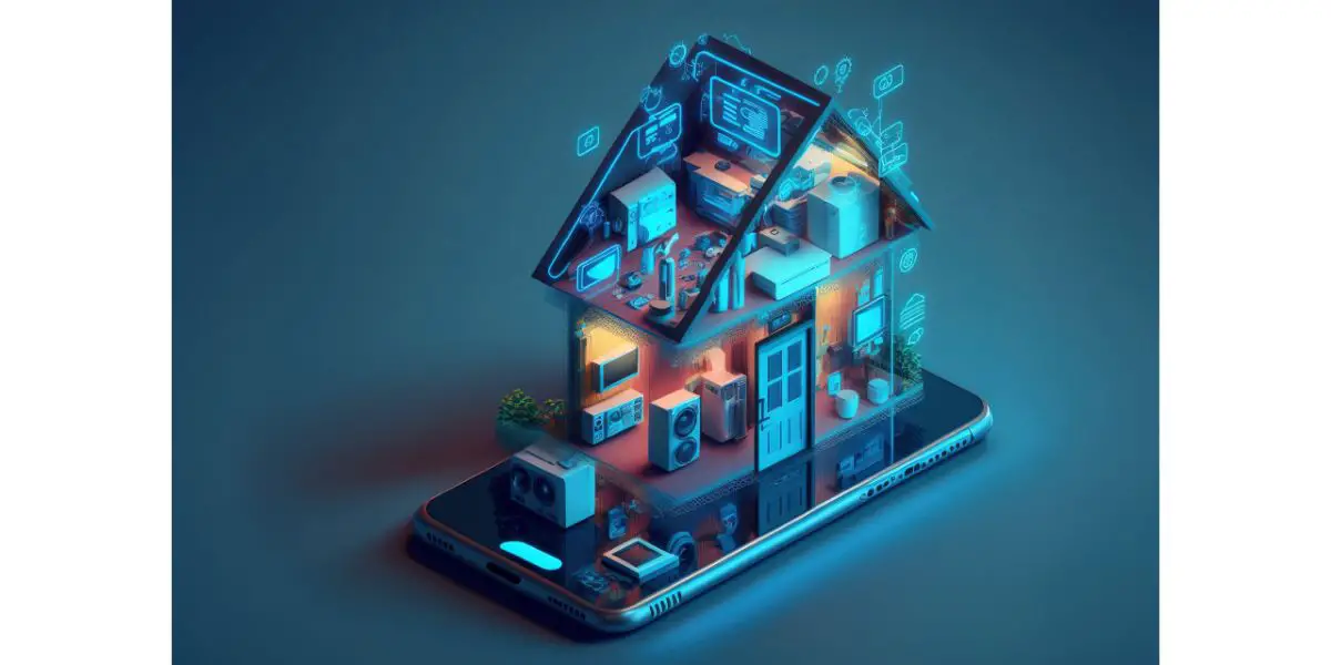 AdobeStock_553986718 Smartphone screen with smart home technologies on a blue backdrop. Internet of things isometric conceptual image.