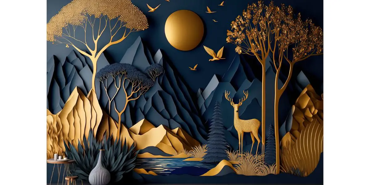AdobeStock_554452595 Dark blue mural wallpaper from the contemporary era Christmas tree, mountain, deer, birds, and waves of gold on a dark blue backdrop depicting a jungle or forest.