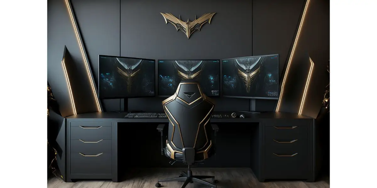 AdobeStock_564973411 Stylish, modern gaming room, 3 monitors, gaming chair, ultimate gaming pc, black theme, gold accents. Clean stylish office for work. Generative AI