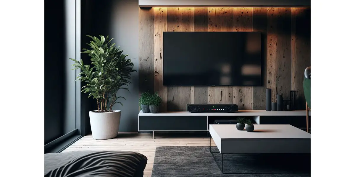 AdobeStock_570392893 Interior of living room with contemporary TV mounted on wooden wall. Generative AI