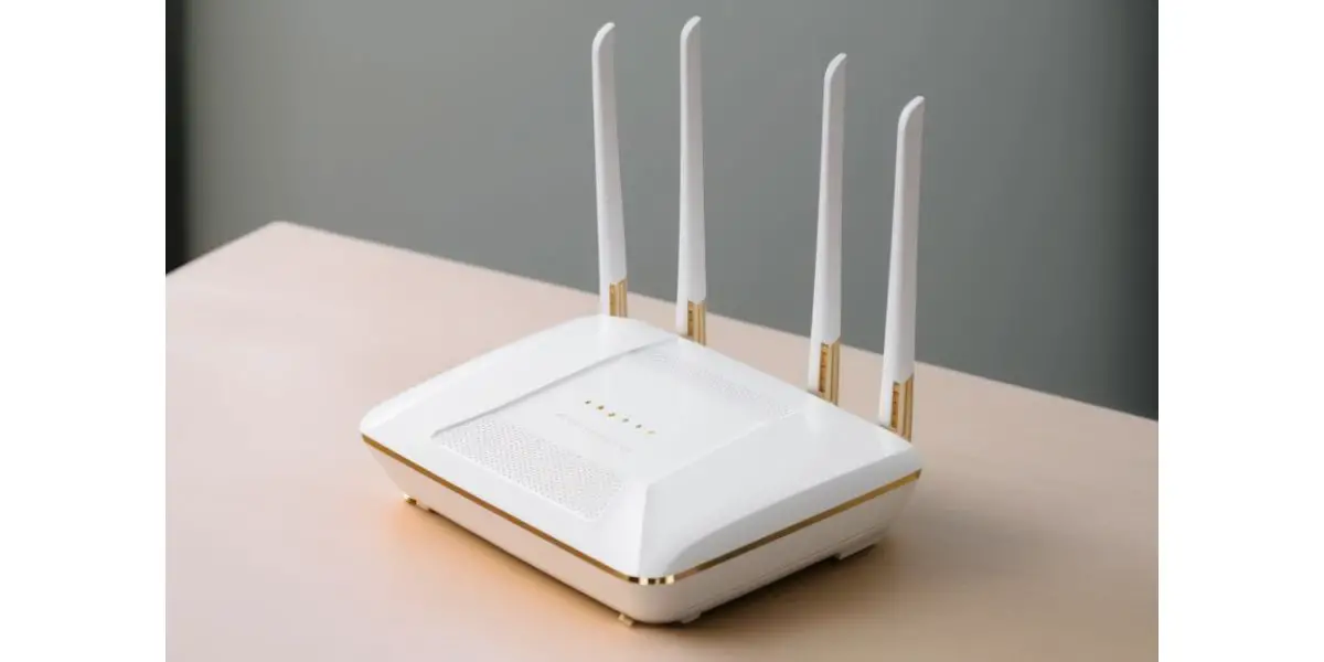 AdobeStock_578310937 white gold wifi router with 4 antennas on a wooden table. Grey background