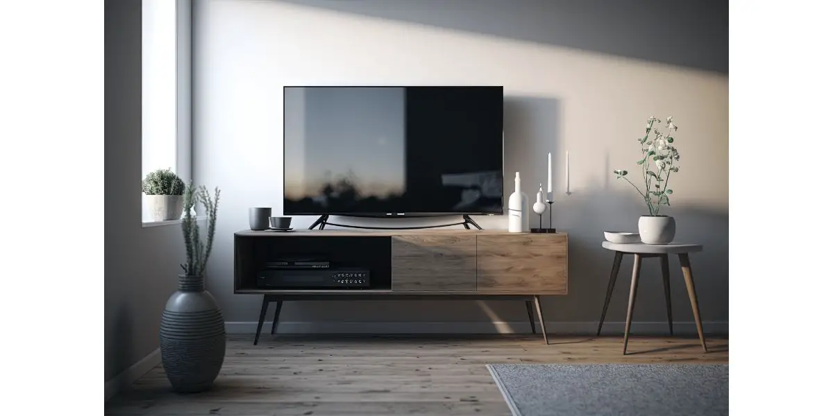 AdobeStock_578531000 Television put on tv stand wood table, in minimal empty spave room background white wall surrounded by indoor plants