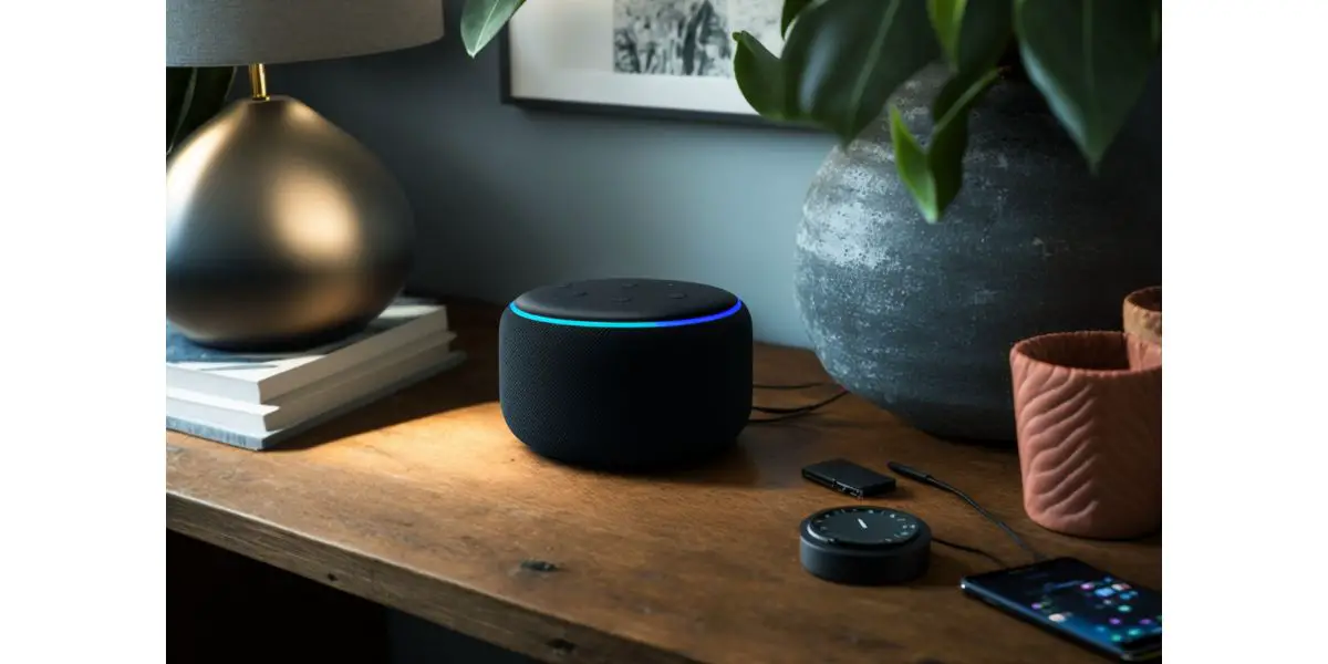 AdobeStock_588791310 Echo from Amazon Alexa on the table next to lamp and plants