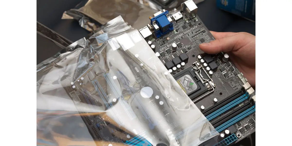 AdobeStock_81841921 person sliding out a motherboard from a antistatic plastic bag with sealed pc parts in the background waiting to be opened