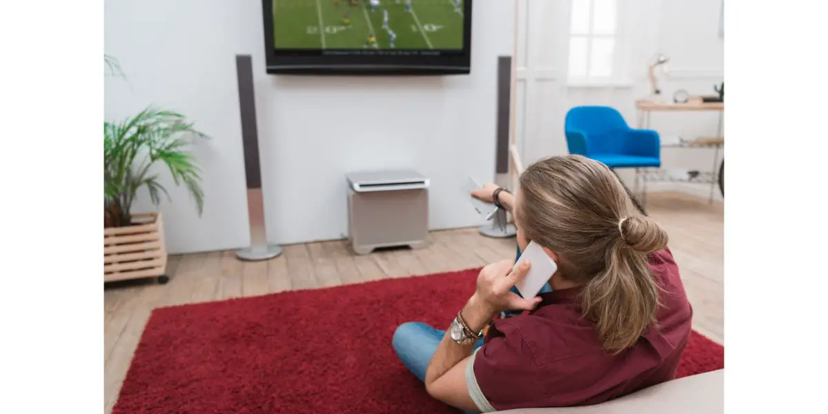 Back view of man talking on smartphone while watching football match at home