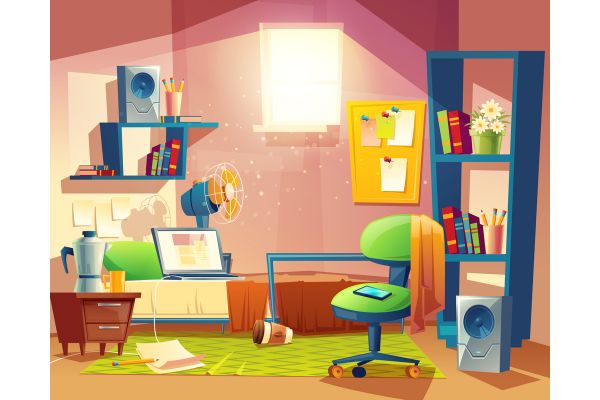 Depositphotos_206611072_S small room, cartoon bedroom with furniture