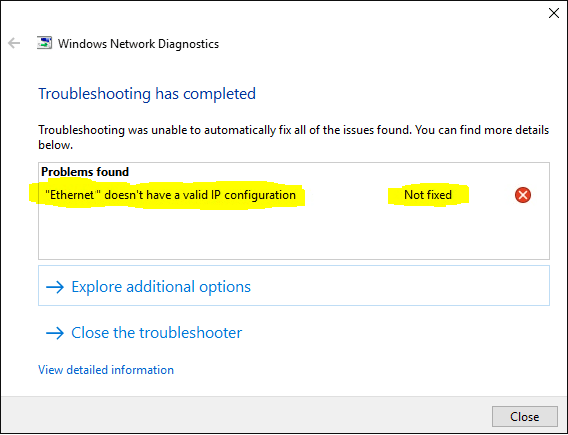 Windows Network Error: Ethernet doesn't have a valid IP configuration