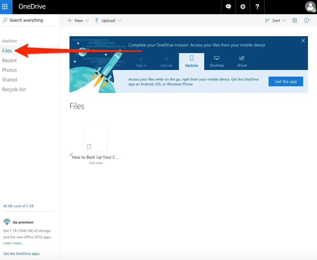 Click the files button on the OneDrive side bar