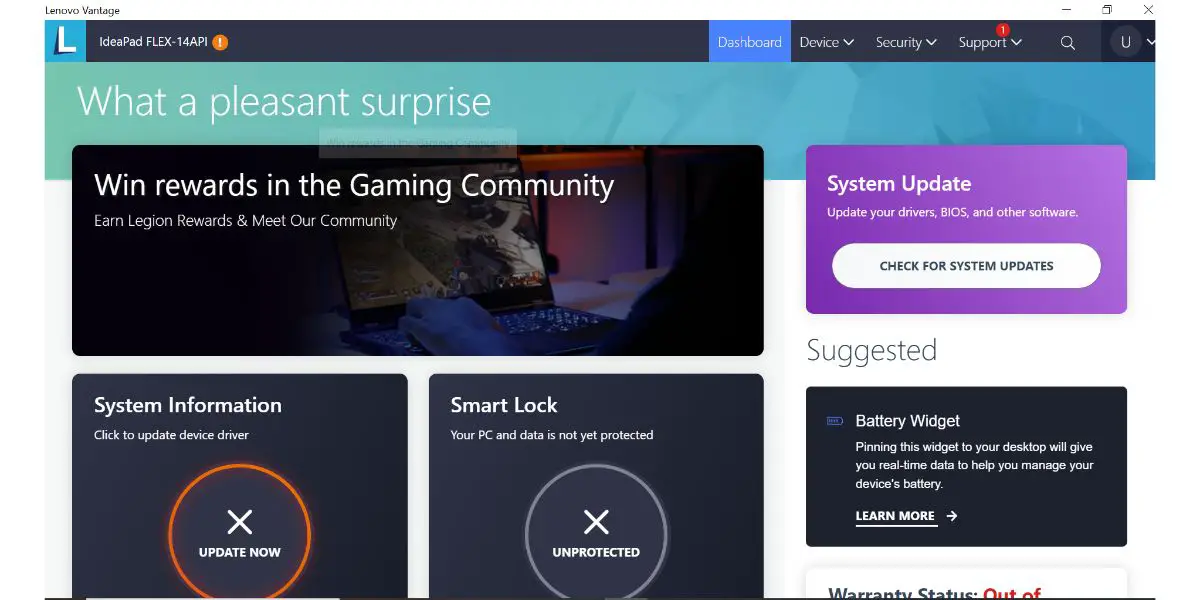 Lenovo Vantage app page screenshot taken on lenovo ideapad flex 14 laptop