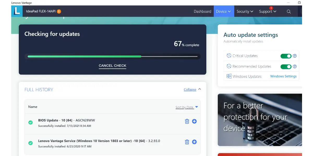 Lenovo Vantage app showing latest bios updates screenshot taken on lenovo ideapad flex 14 laptop