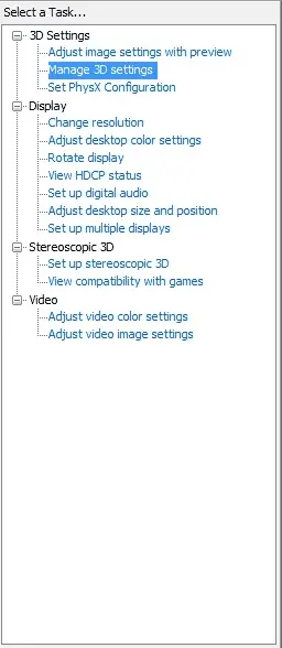 Manage 3d Settings on NVidia Menu