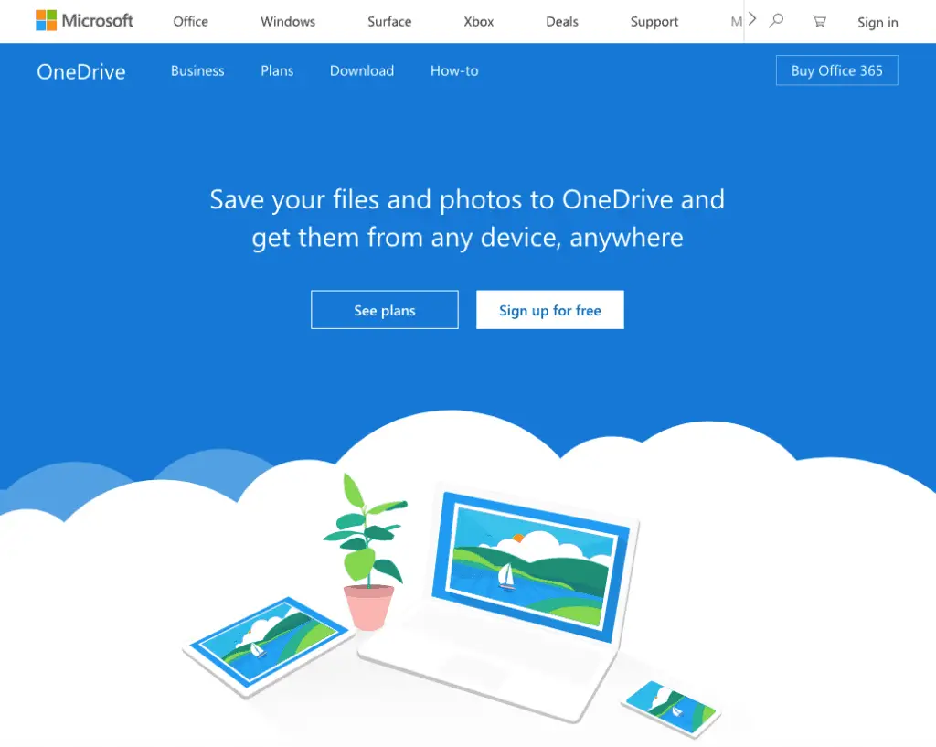 The Microsoft OneDrive homepage