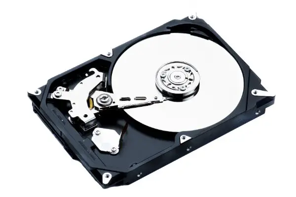 Opened Computer Hard Disk Drive closeup on White background