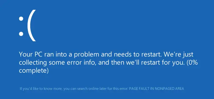 Błąd strony w niestronicowanej przestrzeni Windows 8