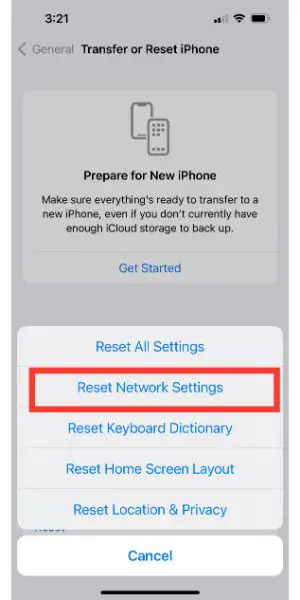 Screenshot from iphone 11 showing how to get to reset network settings