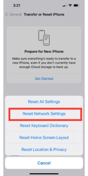 Screenshot from iphone 11 showing how to get to reset network settings