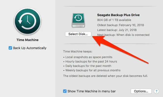 Select disk in Time Machine