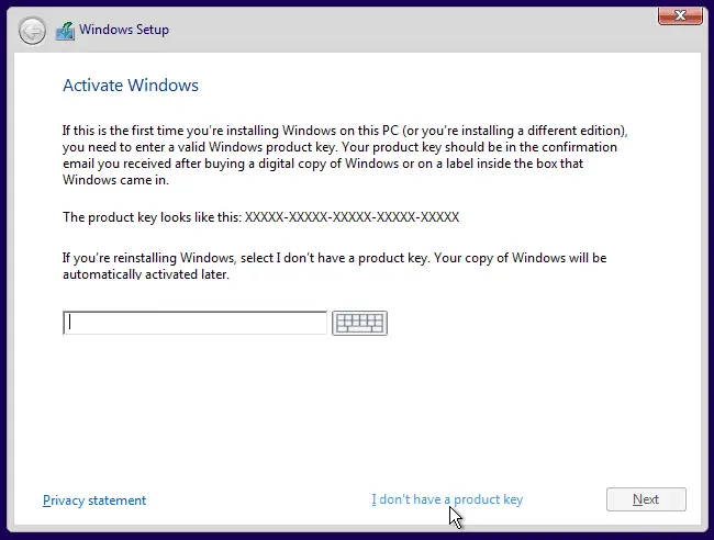 A screenshot of the Windows Activation Key screen