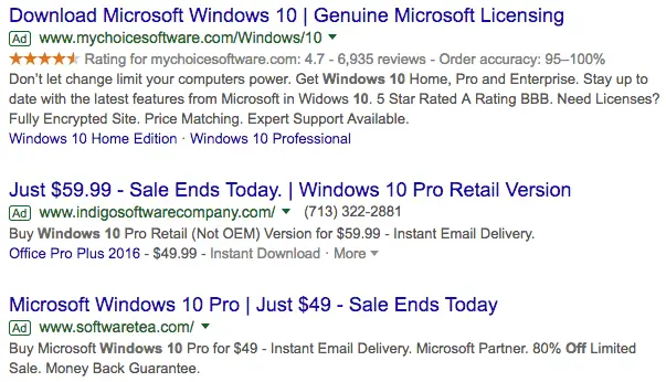 A screenshot of search results for "Windows 10" showing deals